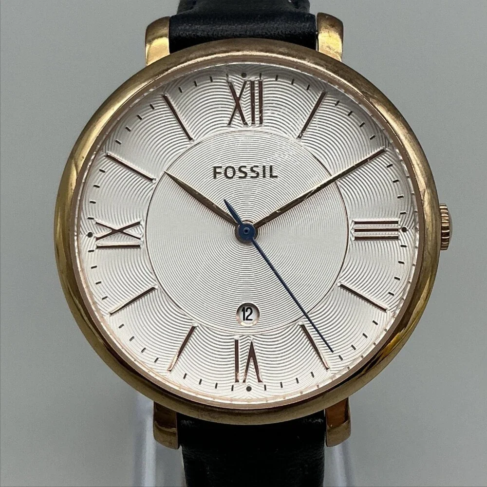 Fossil ES3843 Womens Watch 36mm Silver Tone Black Leather Date Dress New Battery